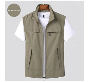 Close-up of khaki outdoor multi-pocket utility vest with stand collar and zipper detail