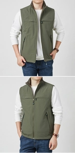 Detailed views of army green outdoor vest showing zipper and multi-pocket features