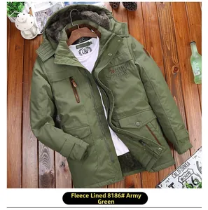 Detail of army green hooded jacket with warm fleece lining and chest embroidery