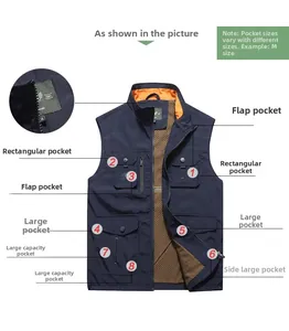 Détails du gilet d'extérieur bleu foncé avec 8 poches et doublure en maille