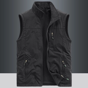 Men's black fleece-lined outdoor vest with stand collar and functional zip pockets