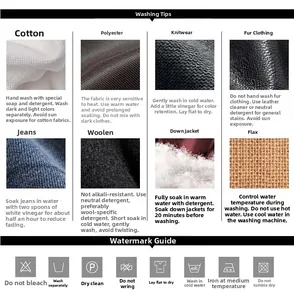 Detailed washing care guide and symbol explanation for various garment fabrics and materials