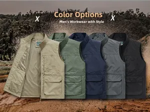Detailed display of multi-pocket outdoor vests in khaki green and navy blue colors