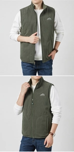 Detail view of military green outdoor fleece vest with high collar and zipper closure