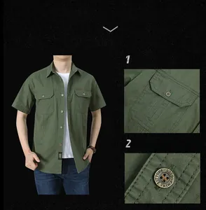 Dettaglio camicia cargo verde militare con tasche sul petto funzionali e bottoni metallici