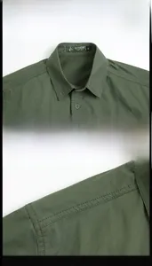 Dettaglio del colletto della camicia da lavoro in cotone verde militare con etichetta