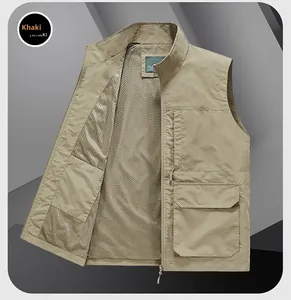 Detail view of khaki tactical vest with stand collar, mesh lining and cargo pockets