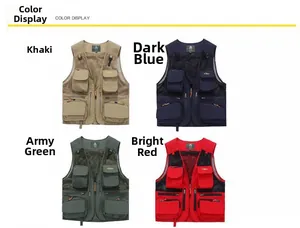 Détail de gilets multi-poches en coloris kaki, bleu marine, vert armée et rouge vif intense