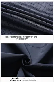 Detail view of navy blue vest featuring breathable mesh lining and soft textured fabric