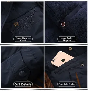 Detail view of men's winter coat with fleece lining, embroidery, and snap pockets