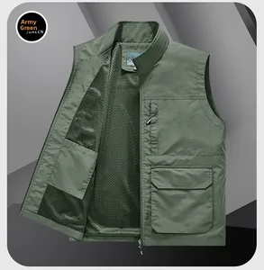Detail of army green tactical vest featuring breathable black mesh lining and stand collar