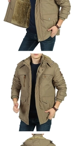 Detail view of khaki winter parka showing plush fleece lining and multi-pocket design