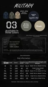 Detailed size chart for men cotton work shirt showing measurements and fit guide