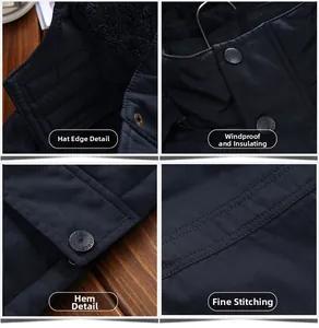 Macro detail of navy hooded jacket with fleece lining, metal snaps and precision stitching