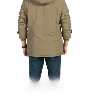 Detail view of khaki parka jacket back featuring adjustable waist drawstring and hood