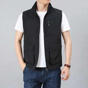 Men's outdoor multi-pocket mesh vest in black with zipper and stand collar
