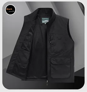 Detail of black utility vest featuring multi-pockets and breathable mesh lining