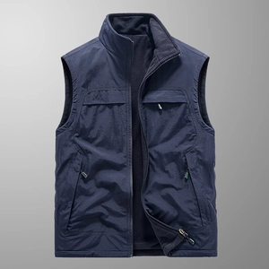 Men's reversible outdoor vest with stand collar and navy blue water-resistant fabric