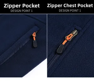 Detail of fleece vest with secure zipper pockets and bright orange pull cords