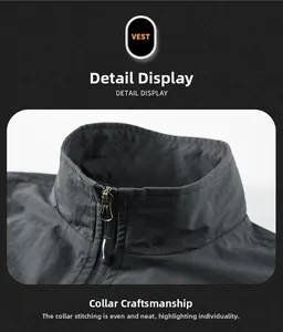 Detail view of standing collar and high-quality metal zipper on men outdoor utility vest