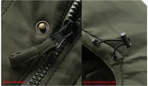 Detail of the heavy-duty black resin zipper and adjustable hood drawstring on winter jacket