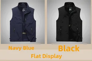 Detailed view of navy blue and black outdoor vests with multiple zipper pockets