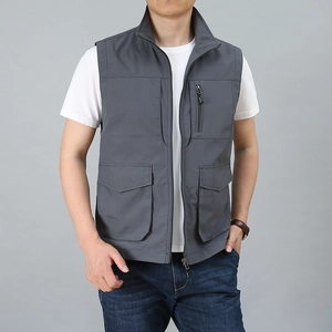 Men's dark grey multi-pocket fishing vest with functional mesh and zipper utility design