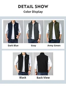 Detailed color selection of men's fleece vests in navy blue, grey, green and black