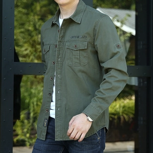 Men Cotton Work Shirt Long Sleeve Loose Fit Casual Outdoor Button Down Top With Double Chest Pockets Solid Color Comfort