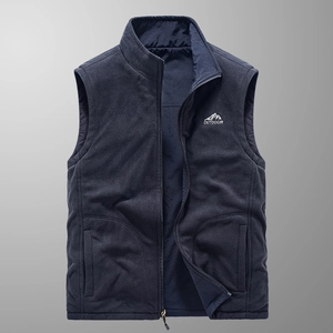 Reversible men's fleece vest in navy blue with stand collar and outdoor embroidery