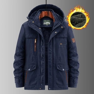 Men's dark blue hooded parka with thick fleece lining and outdoor windproof design