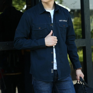 Men's loose fit dark blue cotton work shirt with double chest pockets and outdoor labels