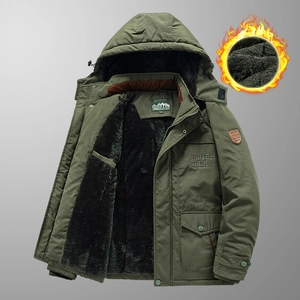 Men's winter thick padded parka in army green with warm fleece lining and hood