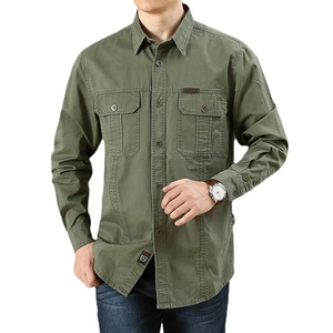 Army green long sleeve cotton cargo shirt for men featuring double chest pockets