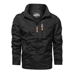 Men's black windbreaker outdoor jacket with hood, quick-dry fabric and orange zipper detail