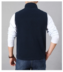 Back view of men's navy blue fleece vest with a stand collar and minimalist design