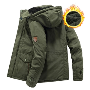 Men's winter military green hooded parka with warm fleece lining and outdoor patches