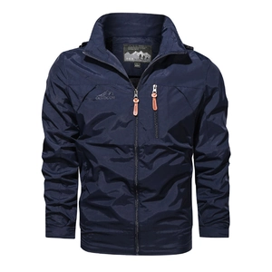 Men's navy blue quick-dry hooded windbreaker jacket with outdoor embroidery and pockets