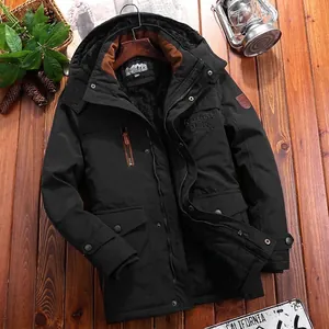 Men's winter heavy hooded jacket with warm fleece lining in black color outdoors style