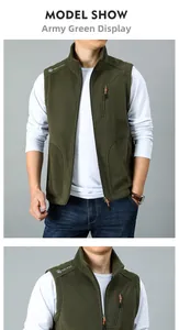 Detail of army green fleece vest with stand collar and orange zipper pocket accents