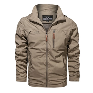 Men's khaki quick-dry hooded windbreaker jacket with outdoor print and zipper pocket