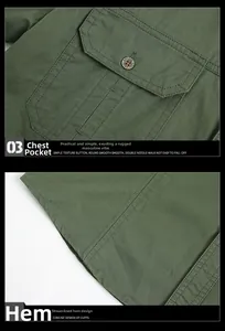 Dettaglio camicia cargo verde militare con tasca sul petto, bottone in metallo e cuciture