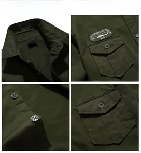 Détails de chemise tactique vert militaire avec badge brodé et boutons métalliques
