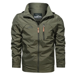 Men's olive green quick-dry hooded windbreaker with outdoor logo and zip pockets