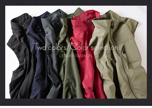 Detail showing various colors of outdoor fishing vests with zipper pockets and logo