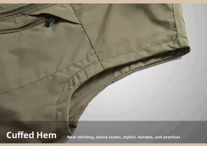 Detail of neatly stitched edged armholes on a durable military green outdoor vest