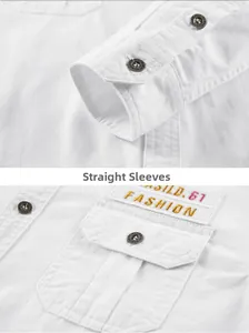 Dettaglio macro di una camicia bianca da uomo in cotone con tasca sul petto ricamata