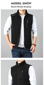 Detail of black fleece vest featuring a stand-up collar and vertical zipper chest pocket