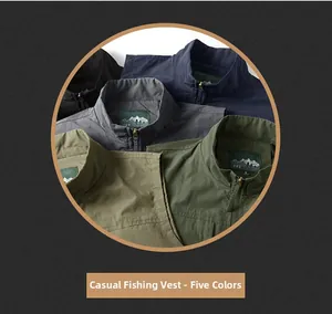 Detail view of five outdoor fishing vests with stand-up collars and metal zippers