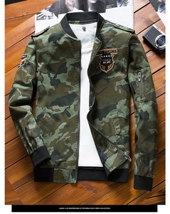 Detail view of cotton camo bomber jacket featuring AIR FORCE embroidery and utility arm pocket